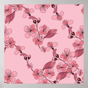 Cherry bloesem in roze kleur op witte achtergrond. poster