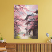 Cherry bloesems met een oud huis in Japan in 1920 Canvas Afdruk (Insitu (Woonkamer))