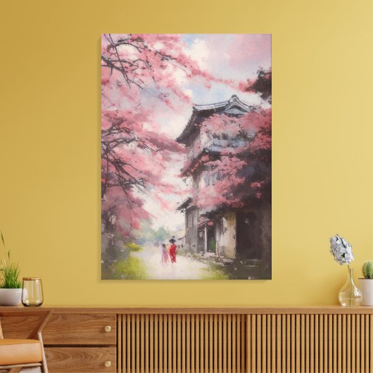 Cherry bloesems met een oud huis in Japan in 1920 Canvas Afdruk (Insitu (Woonkamer))