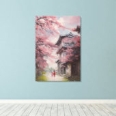 Cherry bloesems met een oud huis in Japan in 1920 Canvas Afdruk (Insitu (Houten vloer))