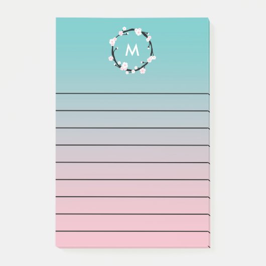 Cherry Bloom Wreath Ombre Monogram Lined Post-it® Notes (Voorkant)