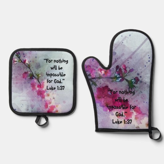 Cherry Blooms Branch en Schrift Keuken Ovenwant & Pannenlap Set (Voorkant)