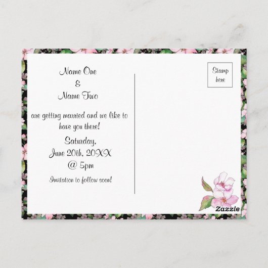 Cherry Blosbezon Black Save the Date Briefkaart (Achterkant)