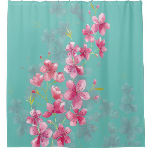 Cherry Blosbezon Blauwgroen Douchegordijn (Voorkant)