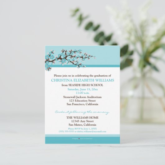 Cherry Blossom Afstuderen aankondiging (aqua) (Staand voorkant)