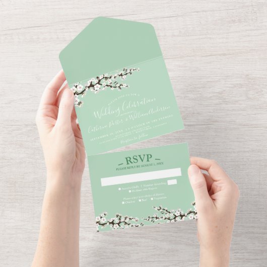 Cherry Blossom All-in-One Mint Event Invitation All In One Uitnodiging (Afscheurbaar)