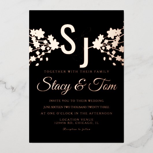 Cherry Blossom Ampersand Ppress Black Folie Uitnodiging (Voorkant)