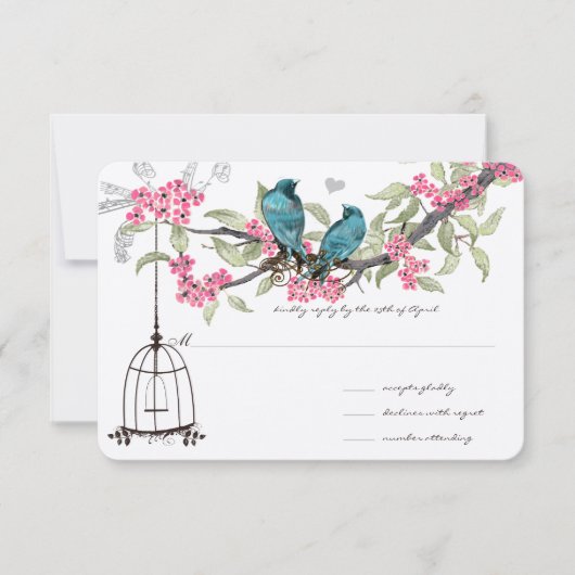 Cherry Blossom Aqua Birds en Birdcage RSVP (Voorkant)