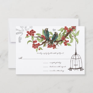 Cherry Blossom Aqua Birds en Birdcage RSVP Kaartje