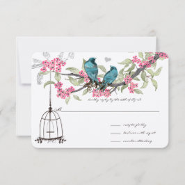 Cherry Blossom Aqua Birds en Birdcage RSVP Kaartje