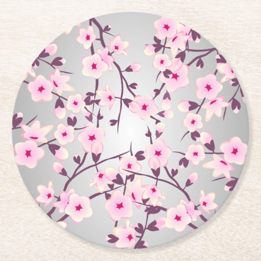 Cherry Blossom Asia Floral Pink Grey Ronde Kartonnen Onderzetter (Voorkant)
