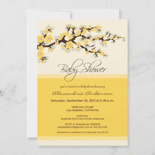 Cherry Blossom Baby shower Invitation (geel) Kaart (Voorkant)