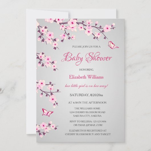 Cherry Blossom Baby shower Pink Grey Kaart (Voorkant)