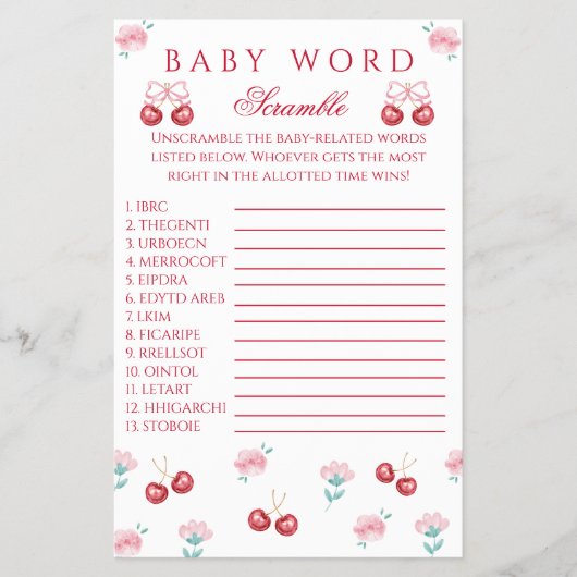 Cherry Blossom Baby Word Scramble spel Flyer (Voorkant)