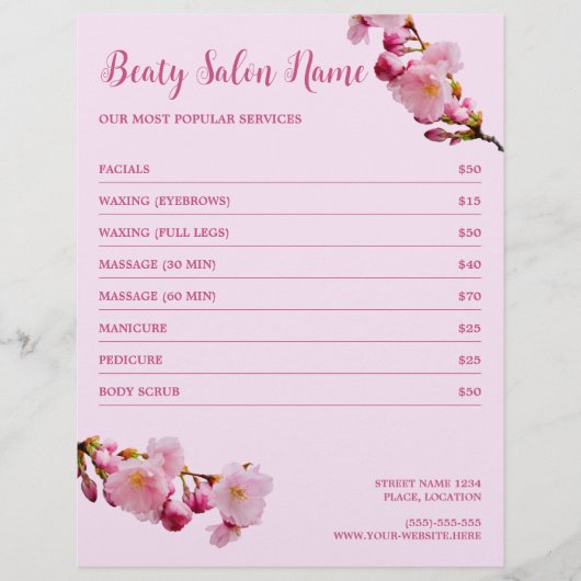 Cherry Blossom Beauty Salon Services Prijslijst Flyer (Voorkant)