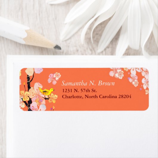 Cherry Blossom Bird Oranje Adres Etiket (Insitu)