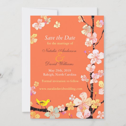 Cherry Blossom Bird Oranje Wedding Save the Date (Voorkant)