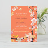 Cherry Blossom Bird Oranje Wedding Save the Date (Staand voorkant)