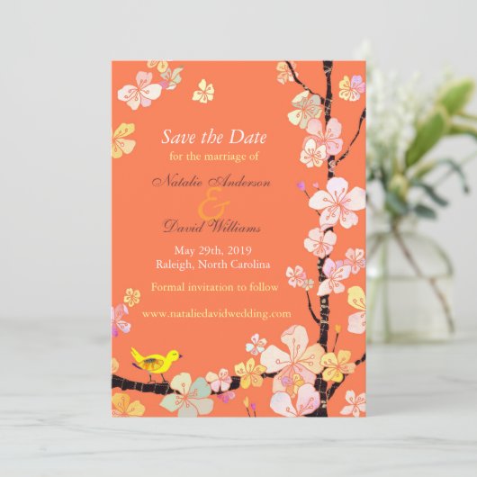 Cherry Blossom Bird Oranje Wedding Save the Date (Staand voorkant)