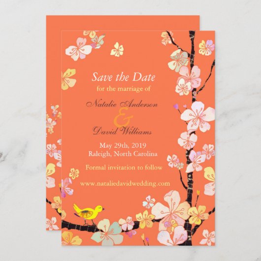 Cherry Blossom Bird Oranje Wedding Save the Date (Voorkant / Achterkant)