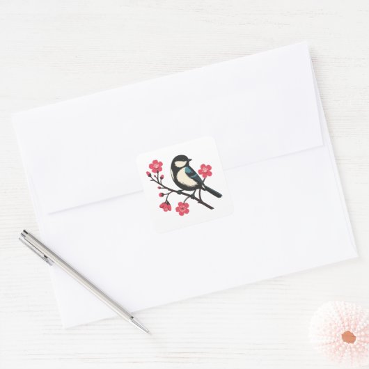 Cherry Blossom Bird - Spring Serenity Art Vierkante Sticker (Envelop)