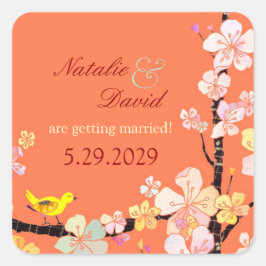 Cherry Blossom Bird Wedding Save the Date Vierkante Sticker