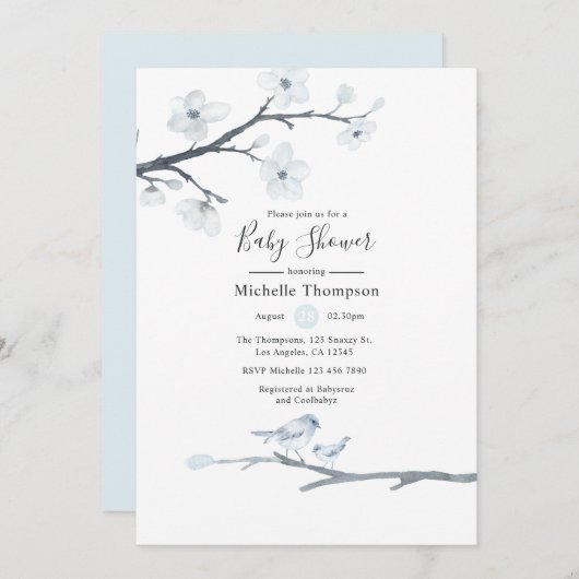 Cherry Blossom Birds Floral Baby shower Kaart (Voorkant / Achterkant)