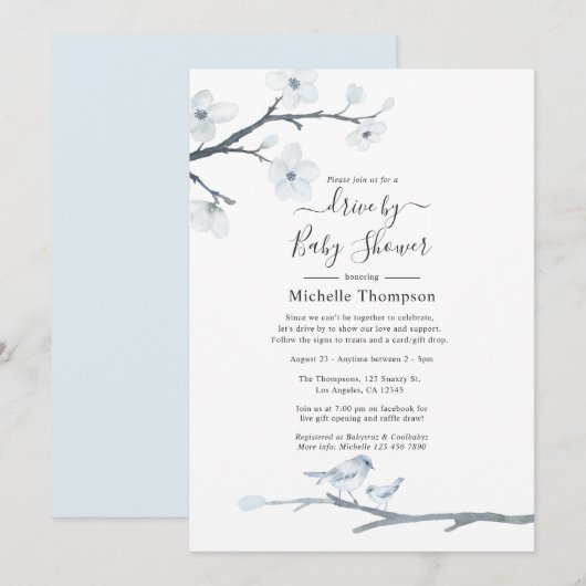 Cherry Blossom Birds Floral drive by Baby shower Kaart (Voorkant / Achterkant)