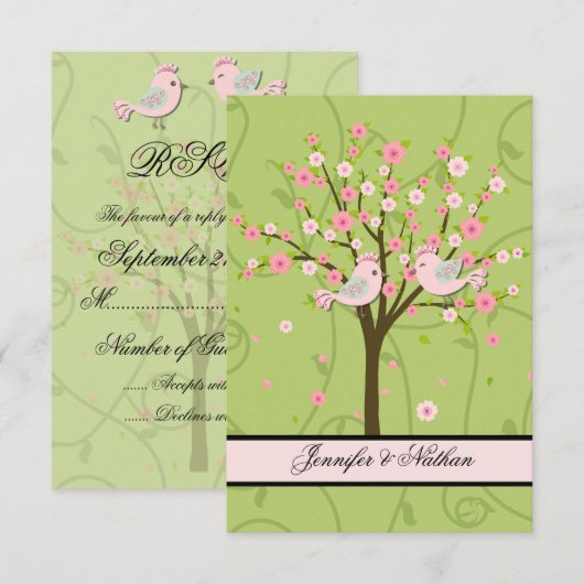 Cherry Blossom Birds RSVP-kaart RSVP Kaartje (Voorkant / Achterkant)