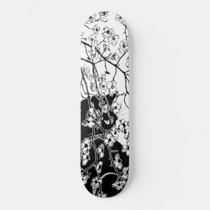 Cherry Blossom Black Cat Floral Black and White Persoonlijk Skateboard