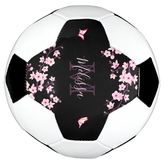 Cherry Blossom Black Roze Jouw naam Monogram Voetbal (Gedraaid)