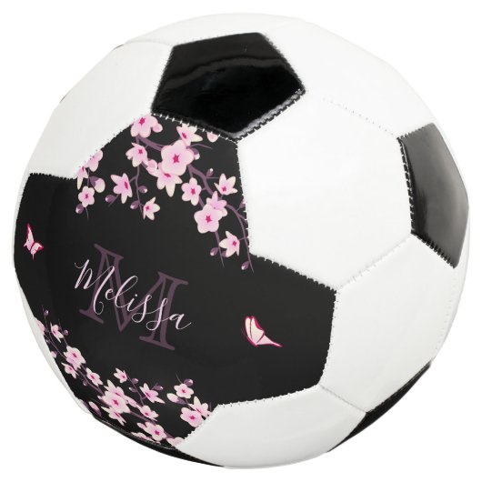 Cherry Blossom Black Roze Jouw naam Monogram Voetbal (Drie kwart)