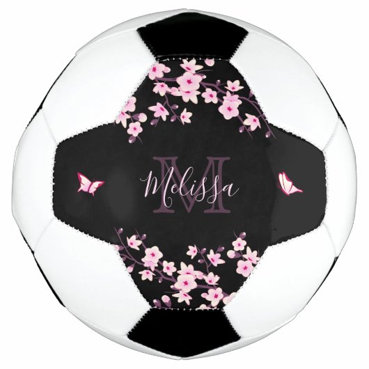 Cherry Blossom Black Roze Jouw naam Monogram Voetbal (Voorkant)