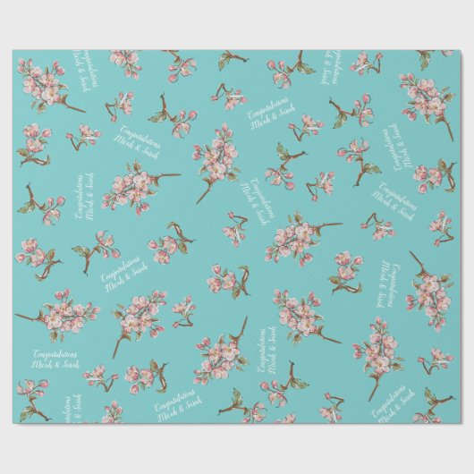 Cherry Blossom Blauwgroen Retro  Baby shower Cadeaupapier (Vlak)