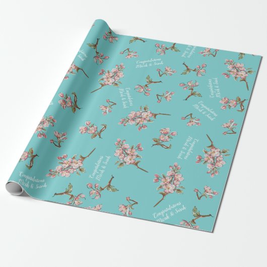 Cherry Blossom Blauwgroen Retro  Baby shower Cadeaupapier (Uitgerold)