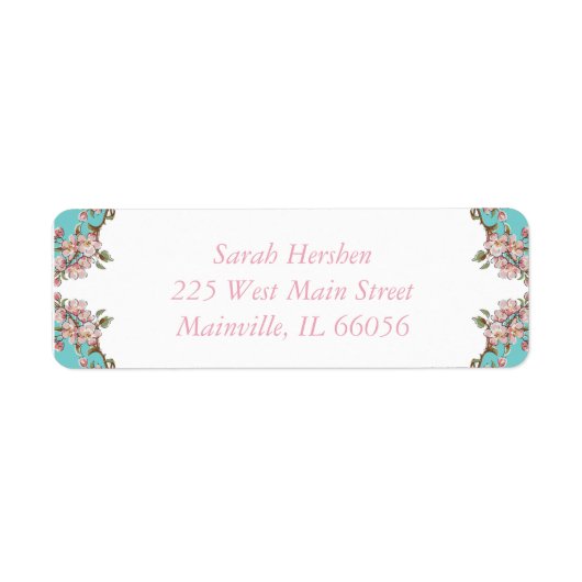 Cherry Blossom Blauwgroen Retro  Baby shower Etiket (Voorkant)