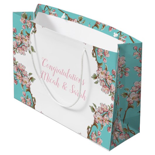 Cherry Blossom Blauwgroen Retro  Baby shower Groot Cadeauzakje (Achterkant Gekanteld)