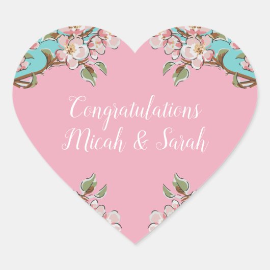 Cherry Blossom Blauwgroen Retro  Baby shower Hart Sticker (Voorkant)