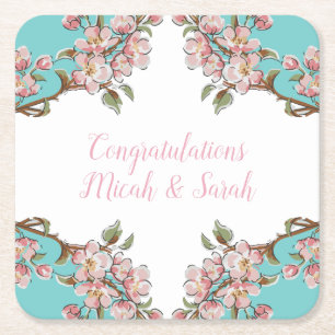 Cherry Blossom Blauwgroen Retro  Baby shower Kartonnen Onderzetters