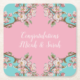 Cherry Blossom Blauwgroen Retro Baby shower Kartonnen Onderzetters