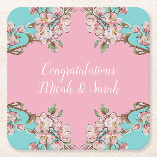 Cherry Blossom Blauwgroen Retro  Baby shower Kartonnen Onderzetters (Voorkant)