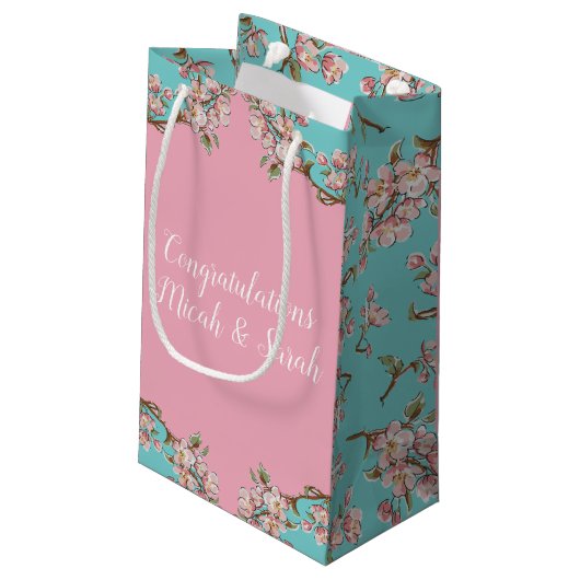 Cherry Blossom Blauwgroen Retro  Baby shower Klein Cadeauzakje (Achterkant Gekanteld)
