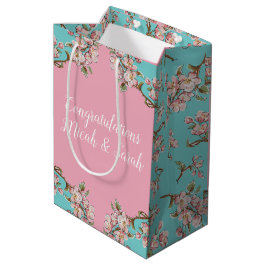 Cherry Blossom Blauwgroen Retro Baby shower Medium Cadeauzakje