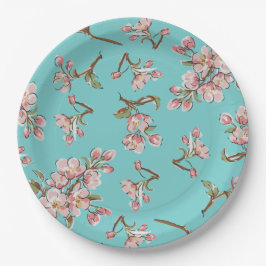 Cherry Blossom Blauwgroen Retro Baby shower Papieren Bordje