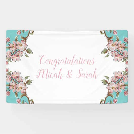 Cherry Blossom Blauwgroen Retro  Baby shower Spandoek (Horizontaal)