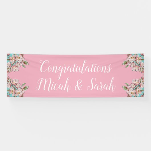 Cherry Blossom Blauwgroen Retro  Baby shower Spandoek (Horizontaal)