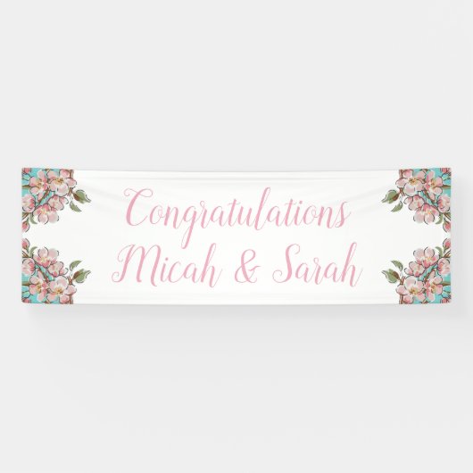 Cherry Blossom Blauwgroen Retro  Baby shower Spandoek (Horizontaal)