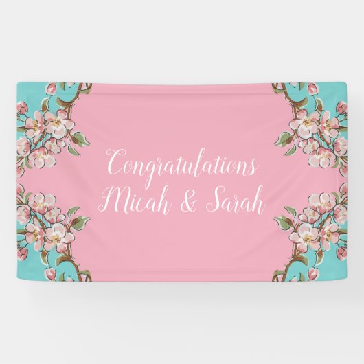 Cherry Blossom Blauwgroen Retro  Baby shower Spandoek (Horizontaal)