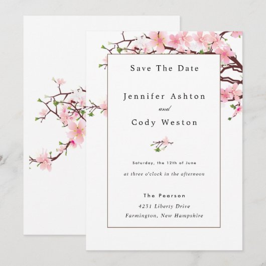 Cherry Blossom Bleek Pink White Wedding Invitation Save The Date (Voorkant / Achterkant)
