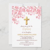 Cherry Blossom Bloemen Elegante Cross Meisje Dopen Kaart (Voorkant)